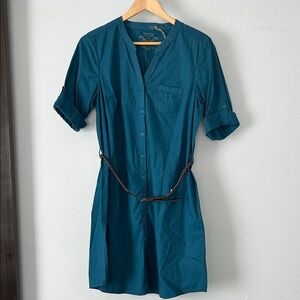 Sonoma Teal Cotton-Blend Quarter Sleeve Button Down Belted Mini Dress